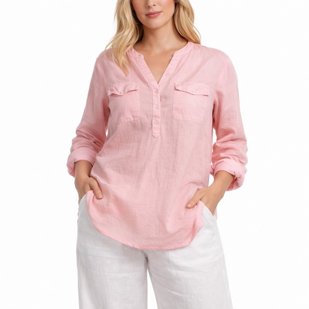 Chaps Tunic Linen Blend Long Sleeve Light Pink Button 3/4 button down EUC - Picture 2 of 8